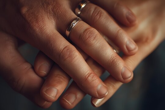 Close up shot of two hands wearing engagement rings in a dark environment