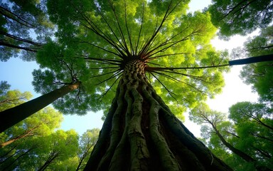 Low angle view ancient tree with green canopy in forest. Natural carbon capture and sequestration for climate change sustainability. Carbon neutrality and natural ecosystem environmental conservation.