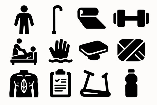 Physical Recovery Icons. Physical Recovery silhouette icon set: patient figure, walking cane, exercise mat, dumbbell, physiotherapy symbol, massage hand, balance board, bandage,