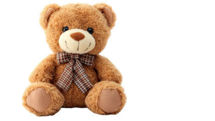 Soft plush teddy bear with fluffy fur and cute appearance sitting upright and cuddly toy figure, isolated on white background