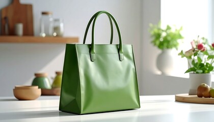 A vibrant, green tote bag sits on a white countertop in a bright kitchen. Soft light illuminates the scene, enhancing the color