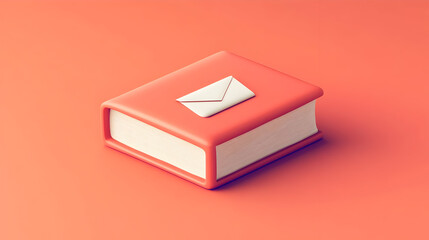 3D Render of a Red Book with a White Envelope Icon on an Orange Background