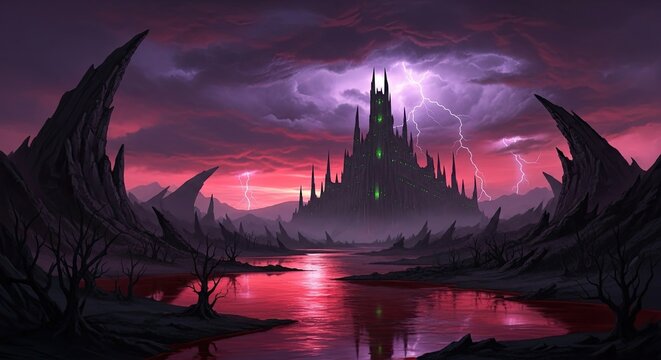 Sinister black castle amidst a dramatic lightning storm.