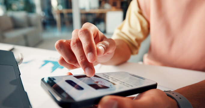 Phone screen, hands and man in office with scrolling for blog post on affiliate marketing on mobile app. Cellphone, technology and closeup of employee on website for reading headline in workplace.