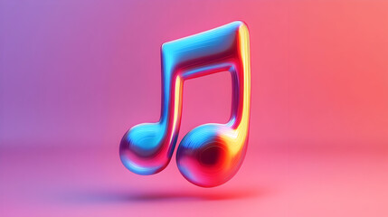 3D Render Of A Shiny Metallic Music Note Icon With Pink And Blue Gradient