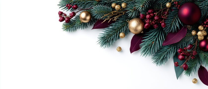 Elegant Christmas Fir Branches with Gold and Red Ornaments on White Background