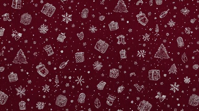 Intricate white snowflake patterns scattered across a deep burgundy red background creating a festive winter holiday design - Powered by Adobe