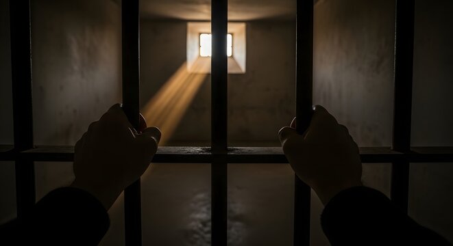 Hands gripping jail cell bars with a radiant beam of sunlight piercing through a small window, symbolizing hope and the profound yearning for freedom amidst confinement