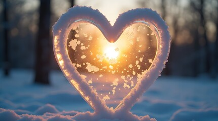 Theme Valentine, Heart shape carved into frosty glass, warm light behind