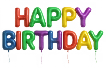 Happy birthday text forming with colorful balloon letters, celebrating events, anniversaries, and parties on transparent background