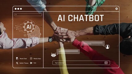 Engaging AI chatbot application interface displayed with user interactions and messages on a wooden table, ideal for showcasing technology in customer support. Raster
