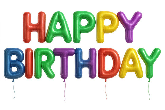 Happy birthday text forming with colorful balloon letters, celebrating events, anniversaries, and parties on transparent background