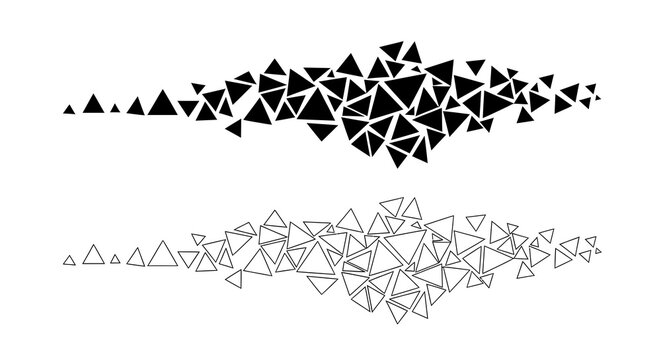 Abstract geometric design featuring two horizontal clusters of triangles, one solid black and one outlined, creating a dynamic visual effect.