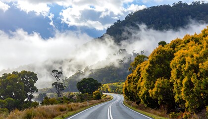 Scenic winding road curves through vibrant autumn trees and misty mountains, capturing a captivating landscape with dramatic cloud cover