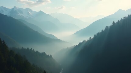 Aerial view of mountain valley covered in morning fog, purpose for background