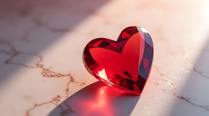 Theme Valentines, red heart made of glass crystal, soft gradient lighting on marble background.