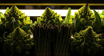 Healthy Romanesco Broccoli and Asparagus, Fresh Vegetables, Organic Produce