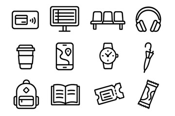 Urban Commute Essentials. Commuter essentials linear icon set: transport card, schedule board, waiting bench, headphones, coffee cup, smartphone app, watch, umbrella, backpack,