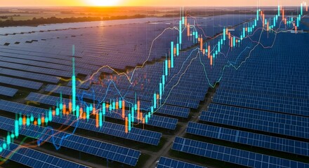 Aerial view of a solar power plant with a stock market trading graph overlay, symbolizing renewable energy investment and financial growth