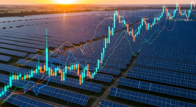 Aerial view of a solar power plant with a stock market trading graph overlay, symbolizing renewable energy investment and financial growth
