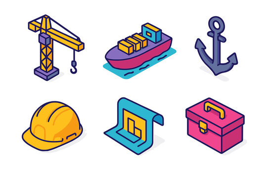 Isometric Installation Icons. Installation Process modern flat icons set: crane, barge, anchor, engineer helmet, blueprint, toolbox.