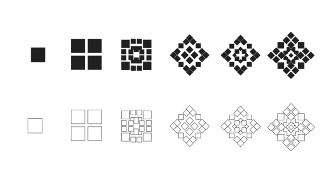 Progression of geometric square and diamond patterns in solid and outline forms, illustrating iterative design and fractal-like growth.
