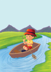 Cute cartoon hand drawn vector Boy rowing boat in the river clipart.