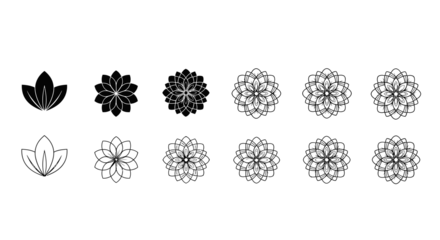 Collection of black and white floral and geometric mandala designs in filled and outline styles, arranged in two rows.