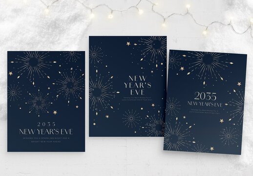 NYE New Years Eve Poster Flyer Template with Fireworks Vector in Luxury Blue & Gold Hues