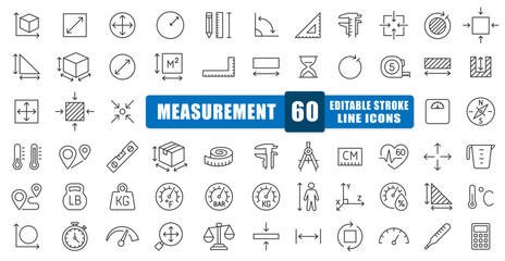 Measurement Line Icon Vector Set. A Collection Of 61 Thin Line Editable Stroke Icons Featuring Tools For Size, Distance, Weight, And Temperature. Perfect For Engineering, Architecture, Science.