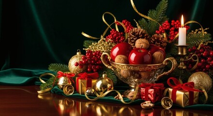 Festive Christmas arrangement featuring red apples, walnuts, gifts, ornaments, and a lit candle, set against a dark green backdrop.