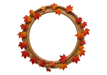 Empty Wooden Frame Surrounded by Autumnal Foliage Isolated on Transparent PNG Background.