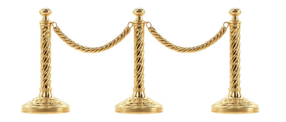 A set of elegant gold stanchions connected by a rope, set against a white background, ideal for guiding crowds at events or exhibitions, showcasing a refined atmosphere