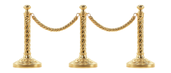 A set of elegant gold stanchions connected by a rope, set against a white background, ideal for guiding crowds at events or exhibitions, showcasing a refined atmosphere