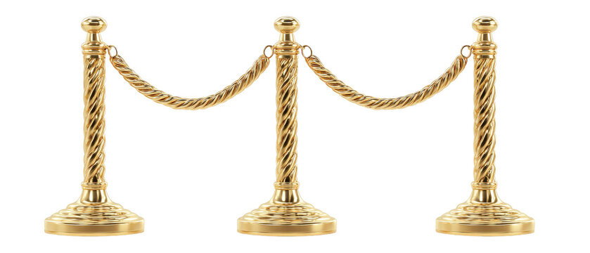 A set of elegant gold stanchions connected by a rope, set against a white background, ideal for guiding crowds at events or exhibitions, showcasing a refined atmosphere