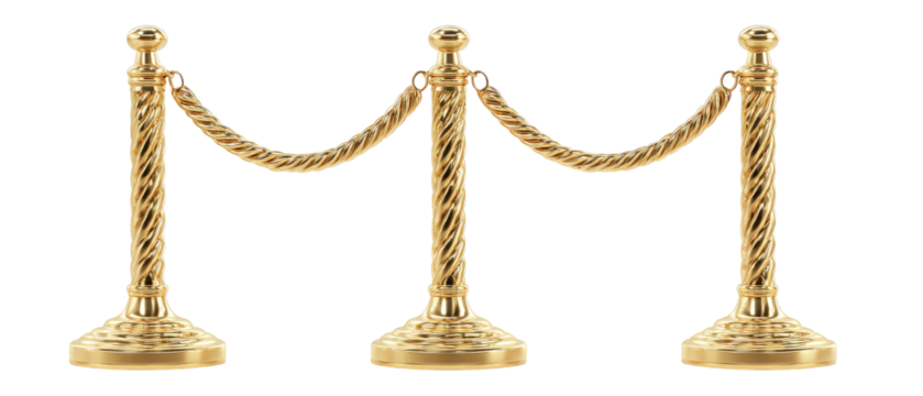 A set of elegant gold stanchions connected by a rope, set against a white background, ideal for guiding crowds at events or exhibitions, showcasing a refined atmosphere