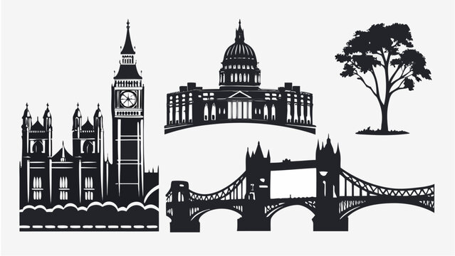 London's iconic skyline with Big Ben, Tower Bridge, St Paul's Cathedral and a tree silhouette art