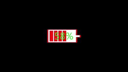 A digital battery icon showing 98 percent charge on a black background, representing energy level, charging status, and power indicator concept.