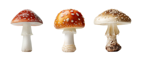 A vibrant display of three distinct mushrooms showcasing their unique colors and textures against a clean background, ideal for culinary or nature-themed projects