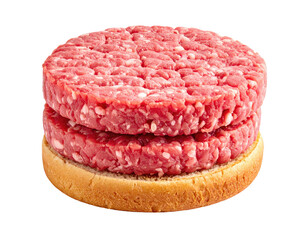 Two raw, red burger patties sit on a small, yellow bread roll