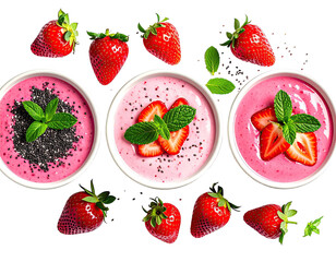 Strawberry yogurt with chia seeds and mint in white bowls