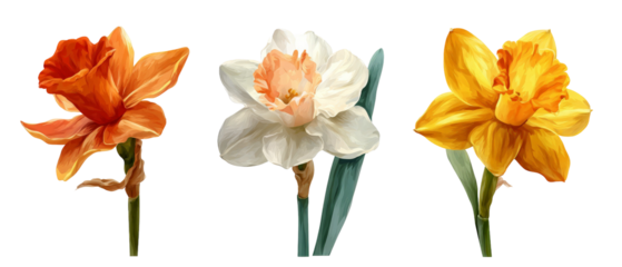 A vibrant trio of daffodil flowers in shades of orange, white, and yellow, showcasing their delicate petals and green leaves, set against a soft, blurred background that enhances their beauty