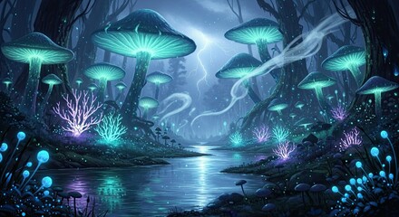 Enchanting Luminescent Forest Scene with Glowing Mushrooms and Water.