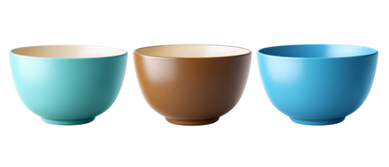 A vibrant collection of three ceramic bowls in varying colors of turquoise, brown, and light blue, elegantly arranged on a white background, suitable for kitchenware display or culinary use
