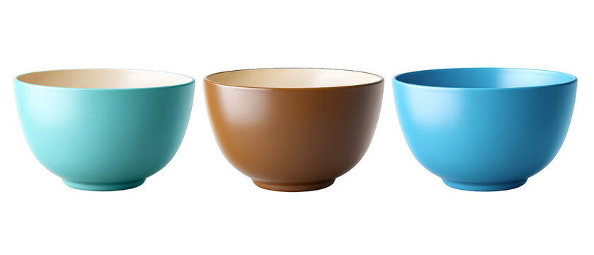 A vibrant collection of three ceramic bowls in varying colors of turquoise, brown, and light blue, elegantly arranged on a white background, suitable for kitchenware display or culinary use