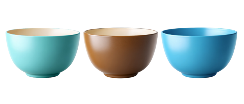 A vibrant collection of three ceramic bowls in varying colors of turquoise, brown, and light blue, elegantly arranged on a white background, suitable for kitchenware display or culinary use