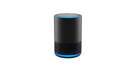 Sleek black smart speaker, featuring a modern cylindrical design with blue light accents, perfect for voicecontrolled assistance and wireless audio streaming