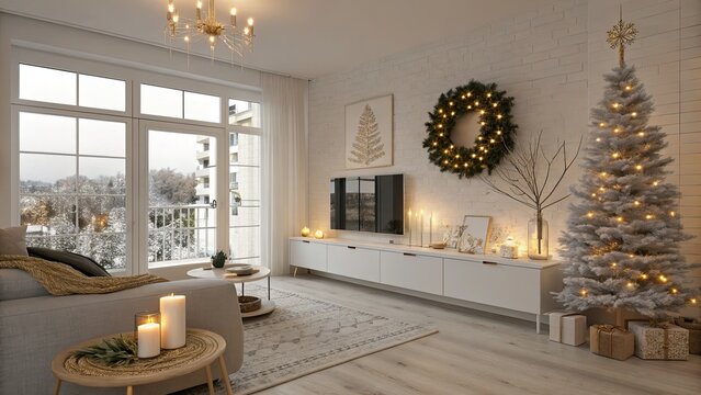 Christmas living room decor interior design holiday season festive celebration home decoration winter holidays christmas tree wreath candles gifts presents cozy style