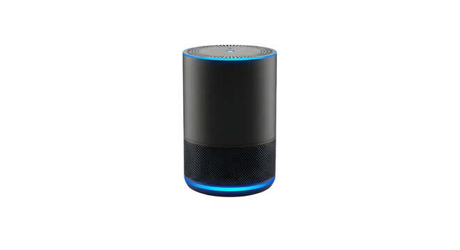 Sleek black smart speaker, featuring a modern cylindrical design with blue light accents, perfect for voicecontrolled assistance and wireless audio streaming