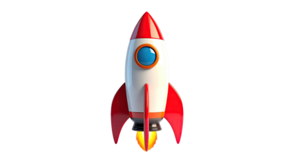Retro-styled, red and white rocket on black